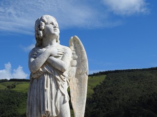 Obraz premium Scene in a cemetery: close-up of an old stone statue of an angel with arms crossed in the chest and looking at the sky. In the background, green field with trees and undergrowth. Blue sky with some cl