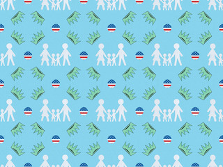 seamless background pattern with white paper cut families, circles made of american flags and crowns on blue, Independence Day concept