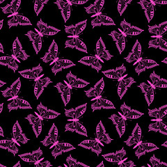 Fototapeta premium Pink butterflies on black background. Seamless pattern