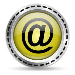 E mail icon. Yellow glossy button for web design. Metal case. Vector.