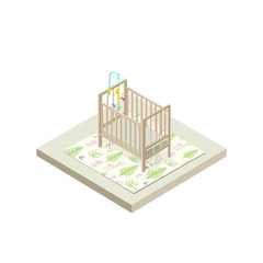 Wooden Baby Cot with Mobile for Baby on a cute Children Carpet. Isometric Vector Illustration.