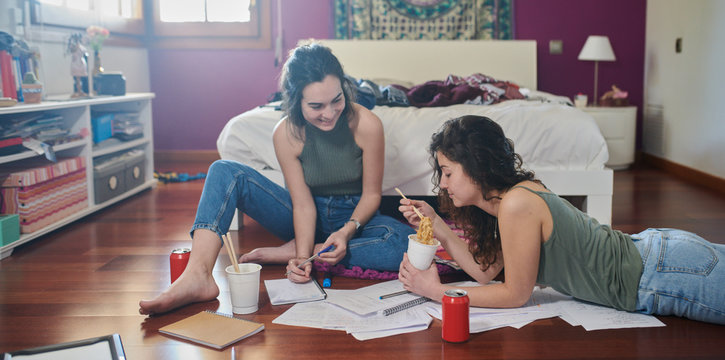 Girlfriends learning and studying together.