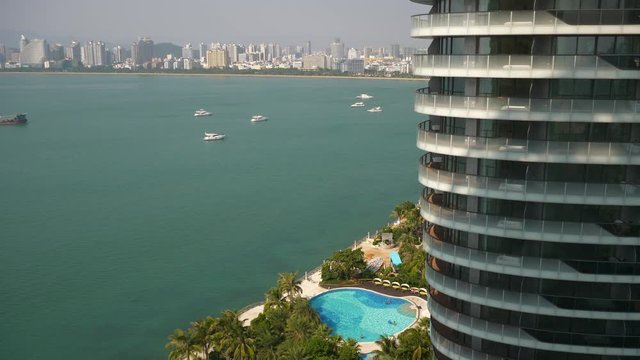 luxury resort hotel building balcony view island bay panorama 4k hainan china