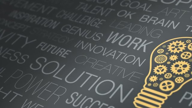 wall of text with keywords about the idea and solution concepts, gold coloured light bulb with spinning gears inside it, copy space (3d render)