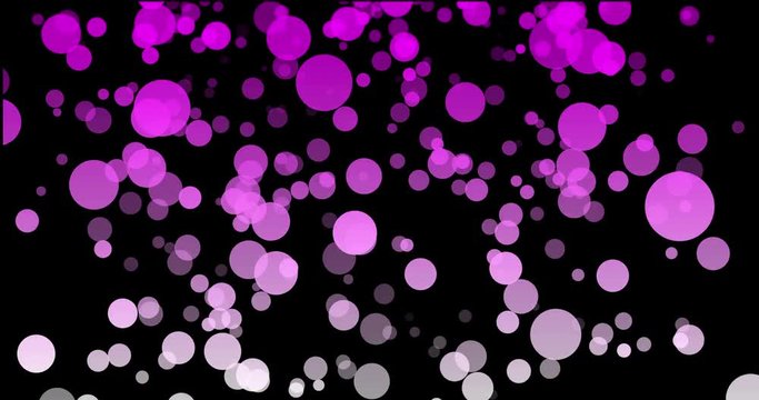 pulsed purple circles that quickly fade to white on a black background fall from above without end. graphic background with purple and fuchsia spheres with a fast pulse