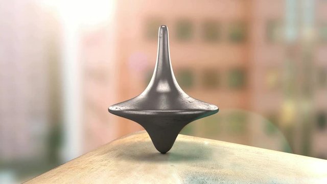 One spinning gyroscope, inception's gyro spinning top, with blur background, 3D rendering, animation. Dream and reality concept.