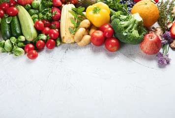 Assortment of fresh fruits and vegetables. Top view with copy space