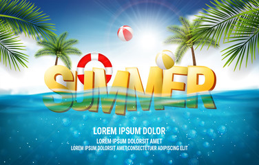 Summer sea poster. Vector illustration with deep underwater ocean scene. Background with realistic clouds and summer 3d text