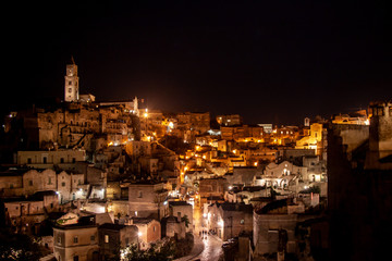 Matera skyline, panoramic view at night. European capital of culture, south Italy
