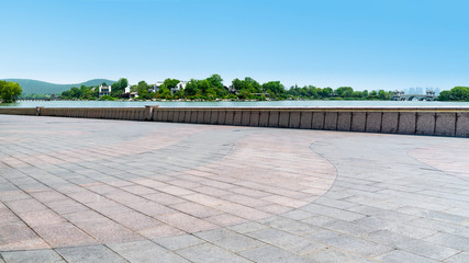 Empty Plaza Floor Bricks and Beautiful Natural Landscape