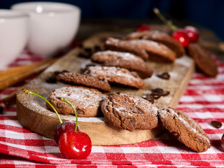 Oatmeal cookies with husk oats and cherry cupcake with powdered sugar on kitchen cutting board gingham checkered cotton fabric on table in village style for picnic. Side view.