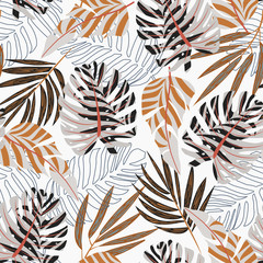 Abstract seamless pattern with tropical leaves on white background. Vector design. Jungle print. Textiles and printing.