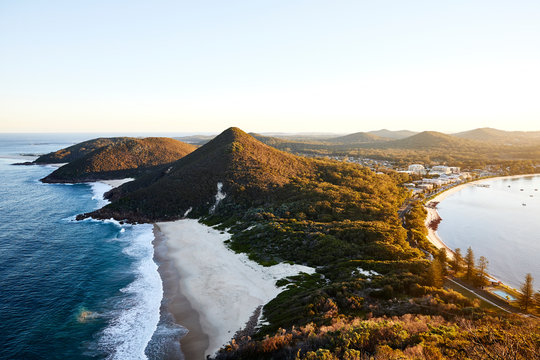 Zenith Beach at sunset, from Mount Tomaree