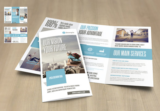 Tri-Fold Layout in Beige with Cyan Elements