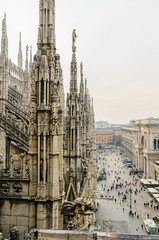 Ornately carved stonework on the roof of the Duomo di Milano (Milan Cathedral), Italy