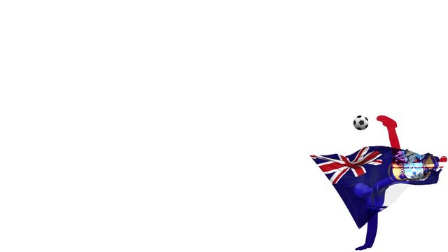 Tristan da Cunha football player with a flag in the background kicks up a twisted ball and kicks through himself. The ball flies to the screen. Alpha channel transparency for overlay.	