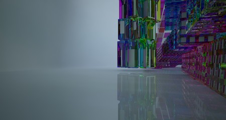 Obraz premium Abstract white and colored gradient glasses interior multilevel public space with window. 3D illustration and rendering.