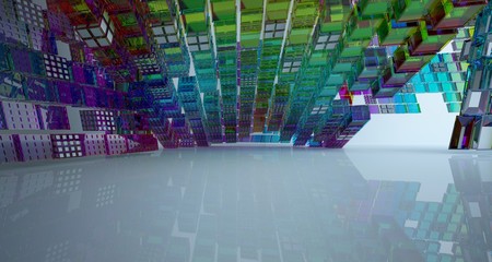 Abstract white and colored gradient glasses interior multilevel public space with window. 3D illustration and rendering.