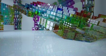 Abstract white and colored gradient glasses interior multilevel public space with window. 3D illustration and rendering.