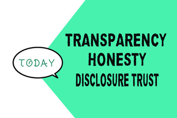 Word writing text Transparency Honesty Disclosure Trust. Business concept for Political Agenda Corporate Will.