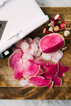 Rainbow Radish sliced with a mandoline