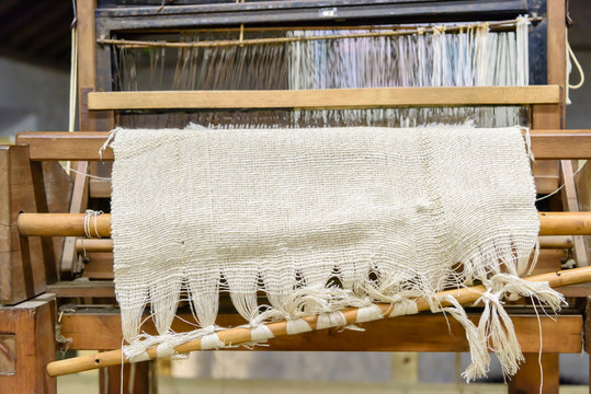 Linen being woven on a loom at the Wellbrook Beetling Mill, Cookstown, Northern Ireland