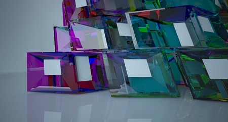 Abstract white and colored gradient glasses interior multilevel public space with window. 3D illustration and rendering.