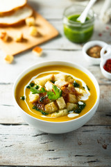 Pumpkin soup with homemade pesto sauce
