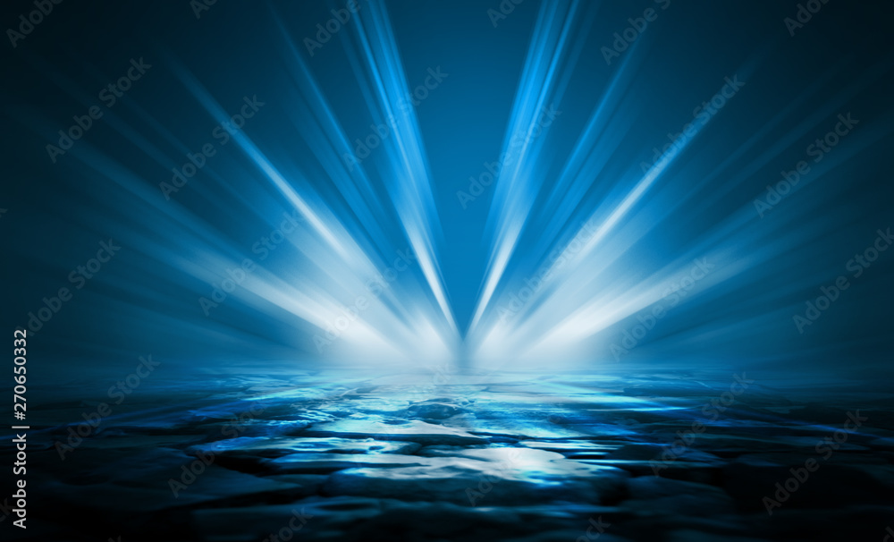 Poster background of empty stage show. neon light and laser show. laser futuristic shapes on a dark backgro