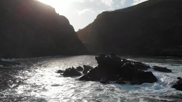 Aerial Drone sunset on coast of sea Azores Portugal