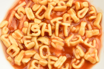 Bowl of alphabetti spaghetti alphabet letters, with the word 