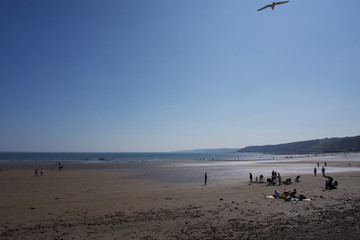 Fototapeta na wymiar Looking south out to sea across the beach at low tide in Scarborough, UK on a bright blue sky sunny day