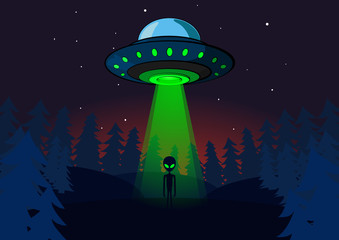 UFO. Alien silhouette at night near alien star ship. Vector illustartion. © Roman
