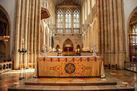 The altar in the St Edmundsbury Cathedral in Bury St Edmunds, Suffolk, UK