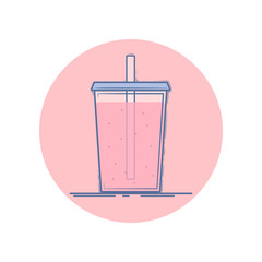 Vector icon of smoothie, fresh, milk shake in a cup for take away. Isolated in circle. Flat design. Blue and pink colors.