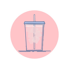 Vector icon of ice tea in a cup for take away. Isolated in circle. Flat design. Blue and pink colors.