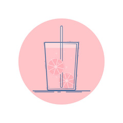 Vector icon of lemonade glass with straw and lemon slices. Isolated in circle. Flat design. Pink colors.