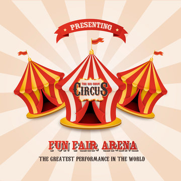Circus tent. Vintage circus banner with bright bulbs,dome tent, highlights, gold stars, ribbon and garlands. Fun fair vector poster. Bright retro frame with text.