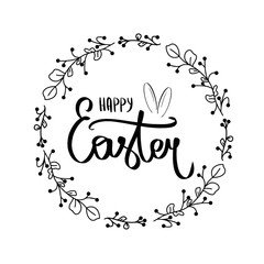 Handdrawn Happy Easter vector. Holiday floral frame. Vector sign in round frame. Sweet hand lettered quote. Modern calligraphy. Template for invitation. Black rabbit ears. Easter background.