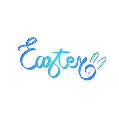 Happy easter day simple lettering, bunny face. Blue calligraphy postcard, poster graphic design lettering element rabbit ears. Handwritten calligraphy style easter postcard, photography overlay sign