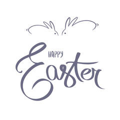 Hand written calligraphic lettering quote Happy Easter with bunny silhouettes. Isolated objects on white background, rabbit silhouette. Hand drawn vector illustration. Design concept for card, banner