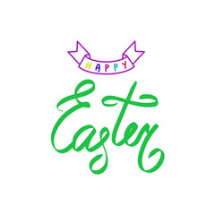 Colorful vector Happy easter brush hand lettering on white background, frame. Holiday greeting card, postcard. Sign with border. Sweet hand lettered quote. Modern calligraphy. Template for invitation