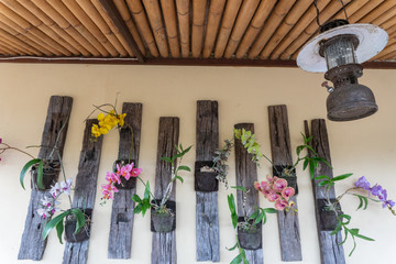 some colorful angrek flowers and types of wall decorations in a restaurant in Ubud, Bali © Pande