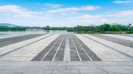 Empty Plaza Floor Bricks and Beautiful Natural Landscape