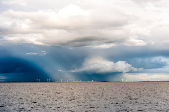 Germany, Jade Bight, view to wind turbines