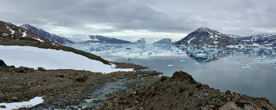 Greenland, East Greenland, Panoramic view of Johan Petersens Fjord