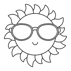 Sun smiling with sunglasses cartoon in black and white