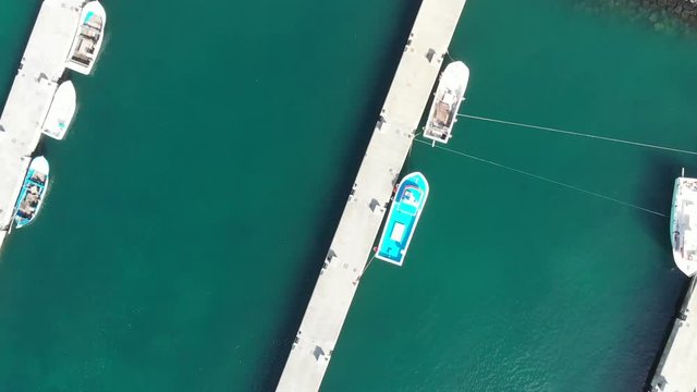 Aerial Drone port Azores Portugal boat on blue background
