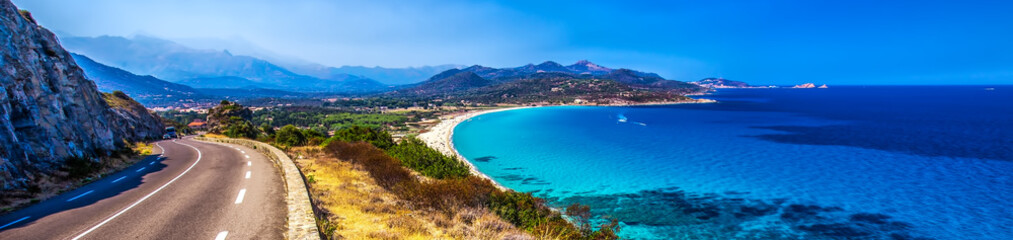 Fototapeta na wymiar Beautiful view to Plage de Lozari near Lile Rousse, Corsica, France, Europe