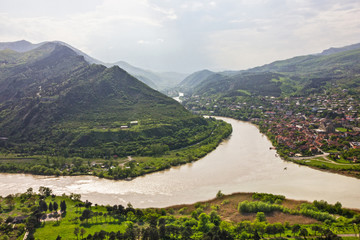 Georgia. Kura and Aragvi rivers confluence landscape view. Mtskheta is a city in Mtskheta-Mtianeti...